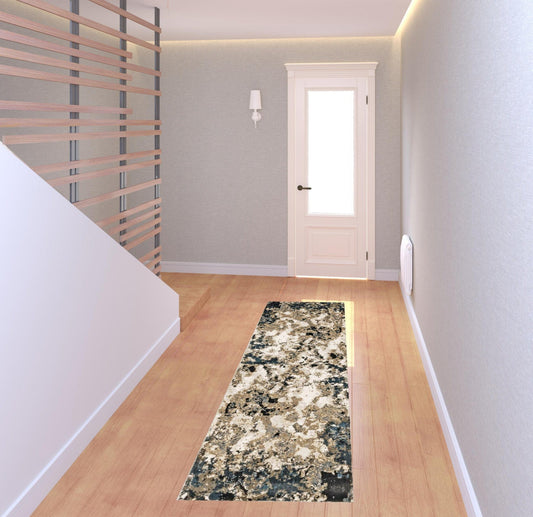2' X 8' Ivory Navy Abstract Marble Indoor Runner Rug - Homeroots