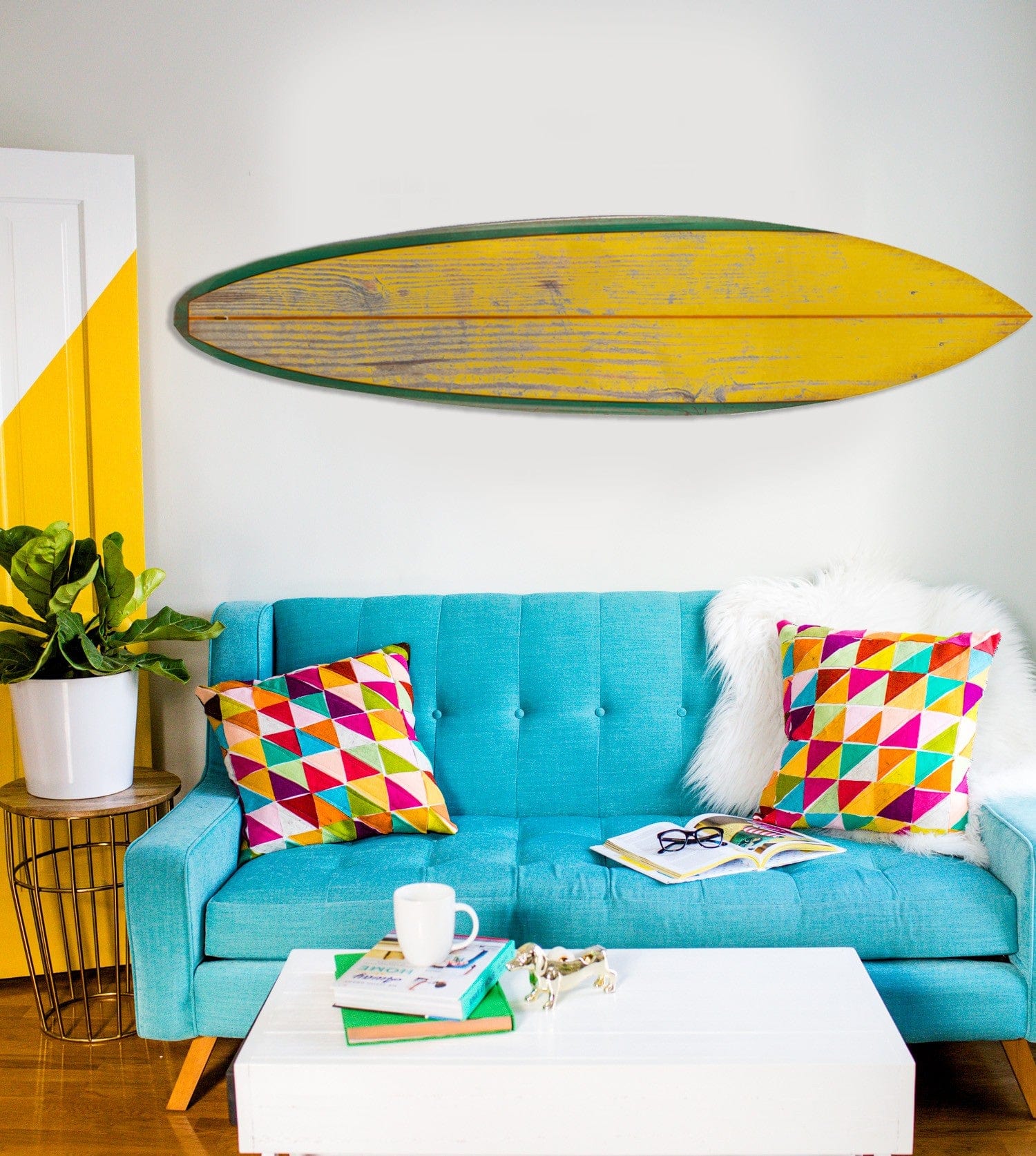 76" X 18" X 1" Distressed And Rustic Yellow Surfboard Wood Panel Wall Art - Homeroots