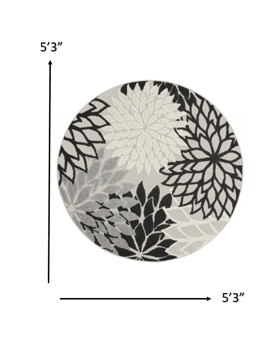 5' Round Black And White Round Floral Indoor Outdoor Area Rug - Homeroots - Flyclothing LLC
