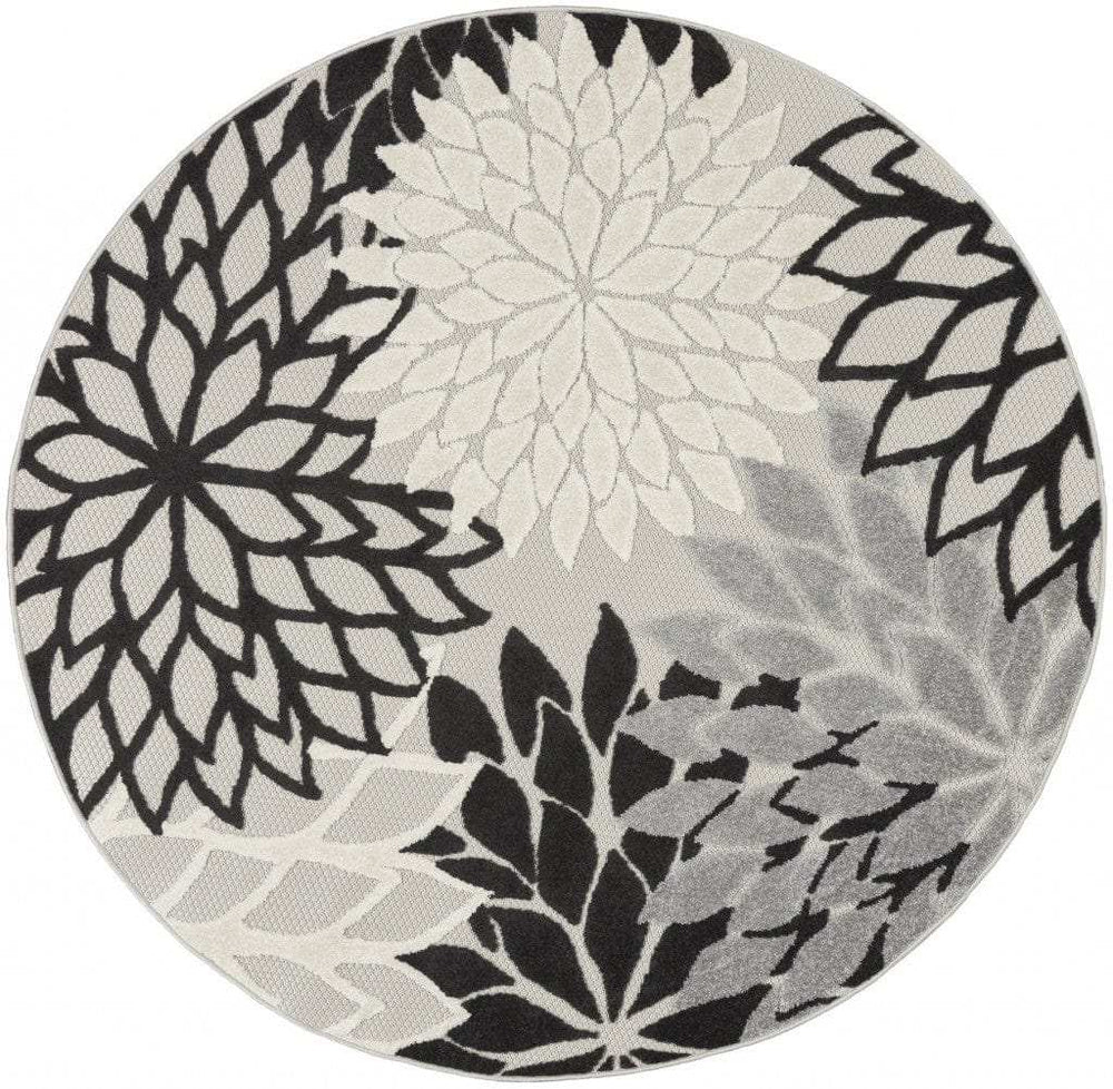 5' Round Black And White Round Floral Indoor Outdoor Area Rug - Homeroots - Flyclothing LLC