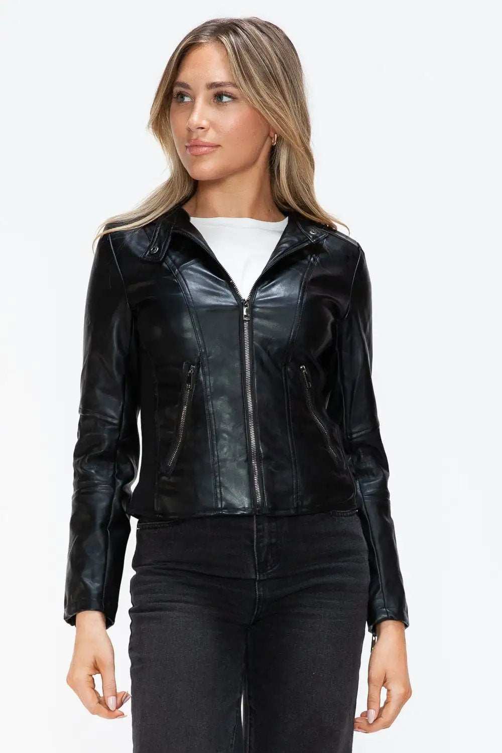 Snobbish Faux Leather Zip Up Drawstring Hooded Jacket - Trendsi - Flyclothing LLC