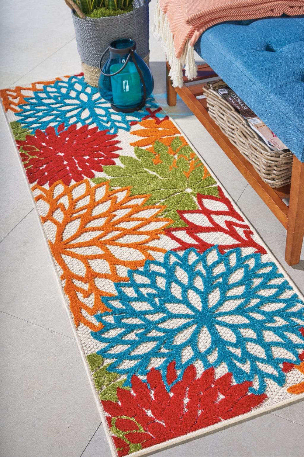 6' Runner Ivory Blue and Orange Floral Indoor Outdoor Area Rug - Homeroots - Flyclothing LLC