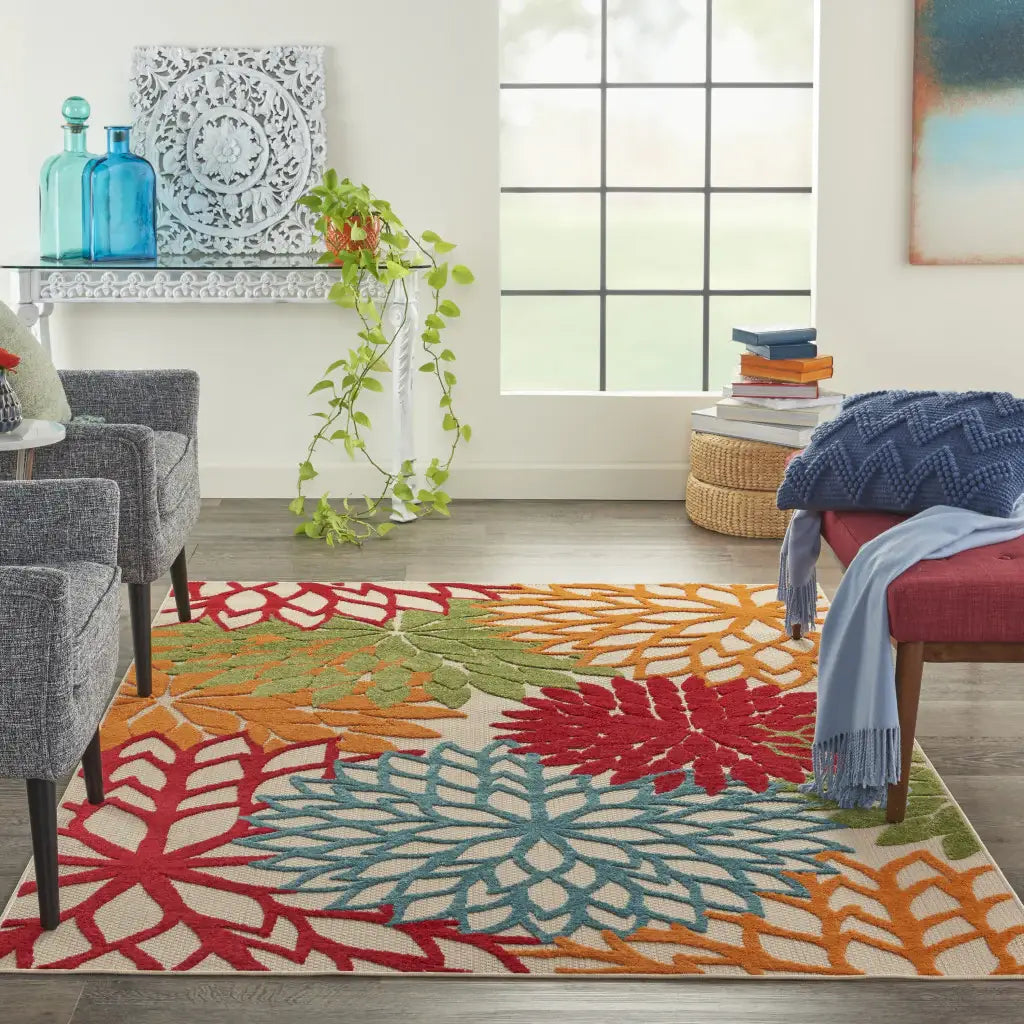 4' X 6' Green And Ivory Floral Indoor Outdoor Area Rug - Homeroots - Flyclothing LLC