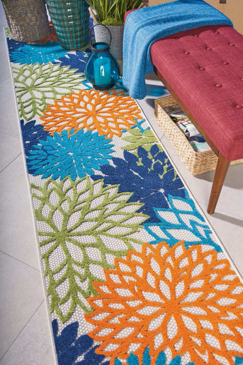 12' Runner Ivory And Blue Floral Indoor Outdoor Runner Rug - Homeroots - Flyclothing LLC
