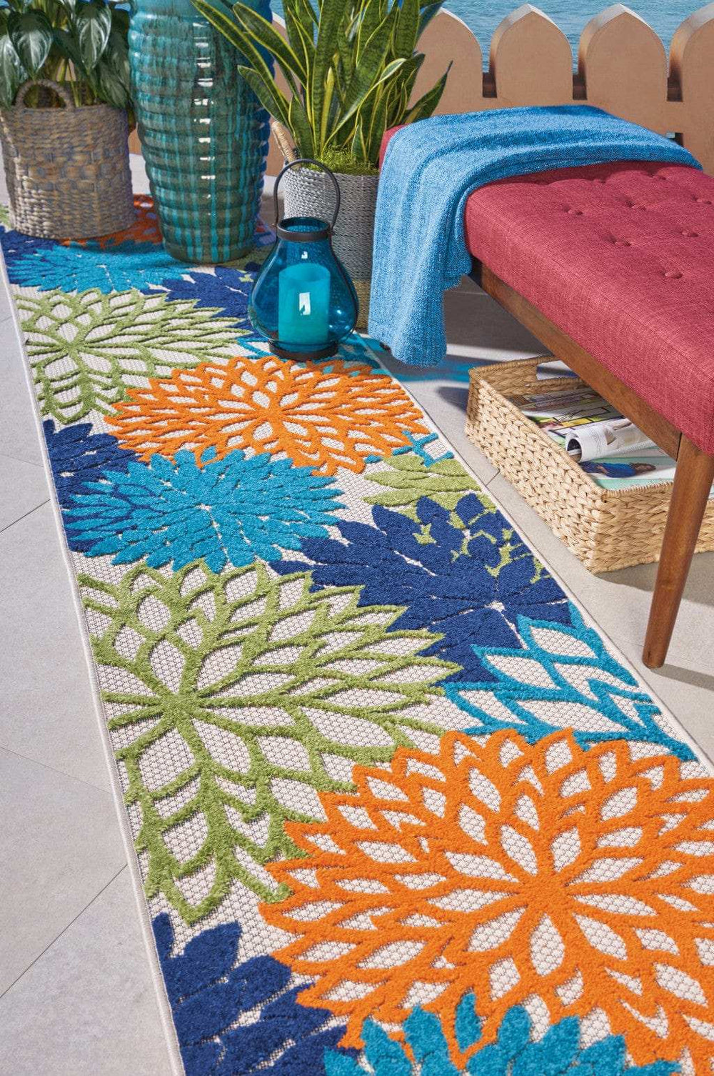 12' Runner Ivory And Blue Floral Indoor Outdoor Runner Rug - Homeroots - Flyclothing LLC