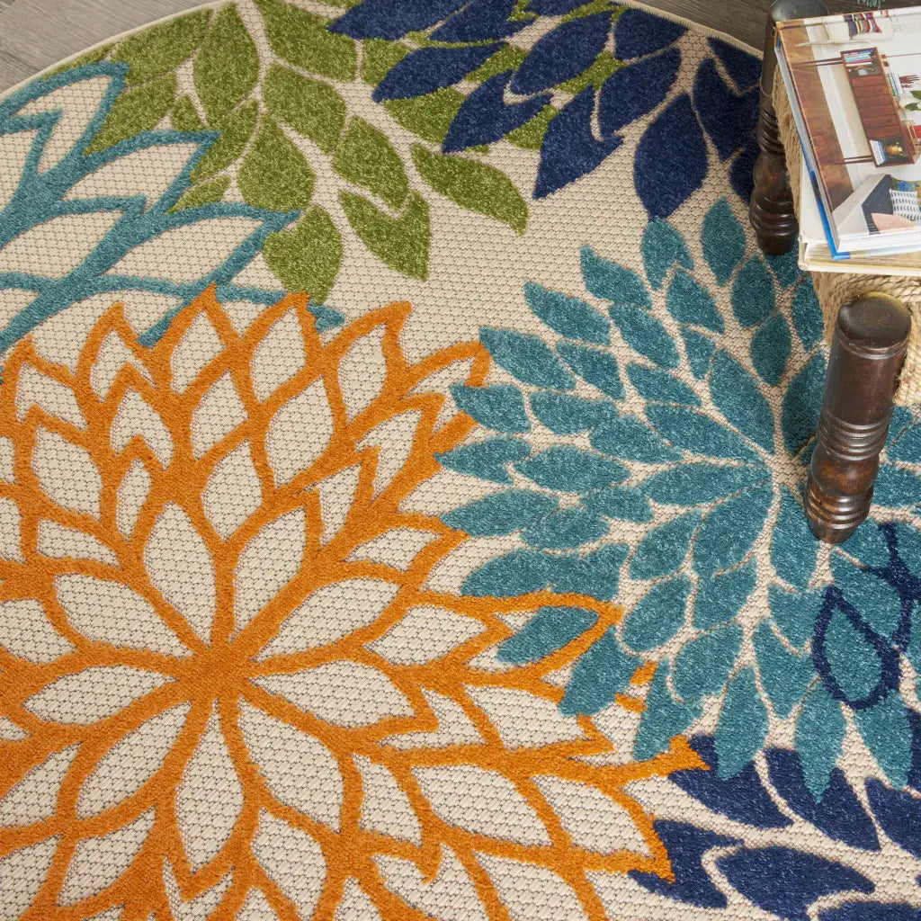4' Round Ivory And Blue Round Floral Indoor Outdoor Area Rug - Homeroots - Flyclothing LLC