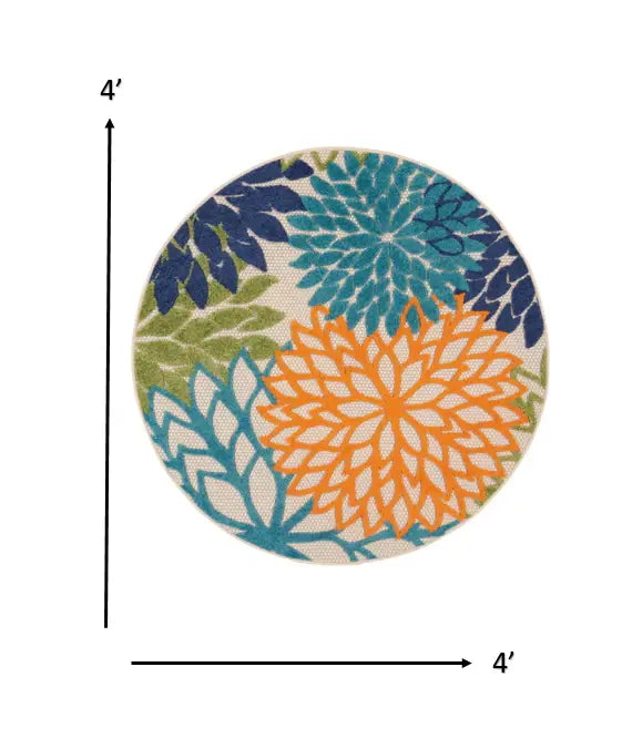 4' Round Ivory And Blue Round Floral Indoor Outdoor Area Rug - Homeroots - Flyclothing LLC