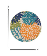 4' Round Ivory And Blue Round Floral Indoor Outdoor Area Rug - Homeroots - Flyclothing LLC