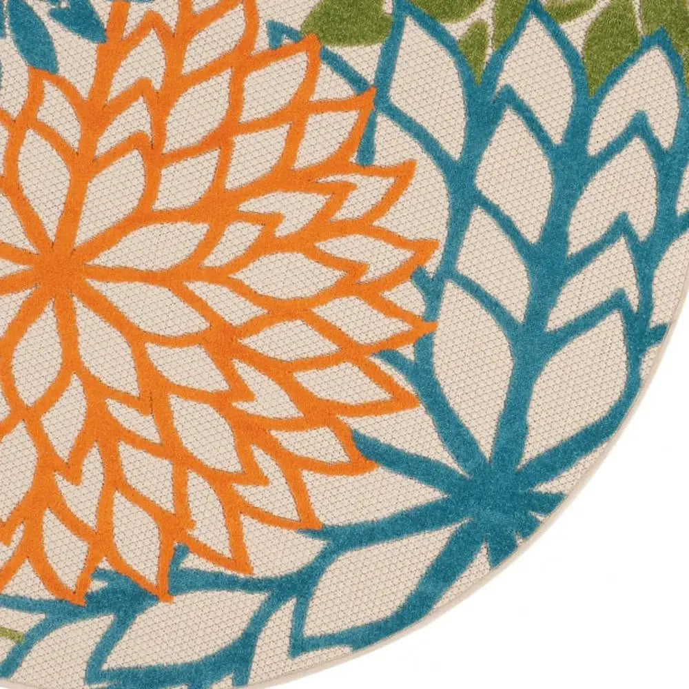 5' Round Ivory And Blue Round Floral Indoor Outdoor Area Rug - Homeroots - Flyclothing LLC