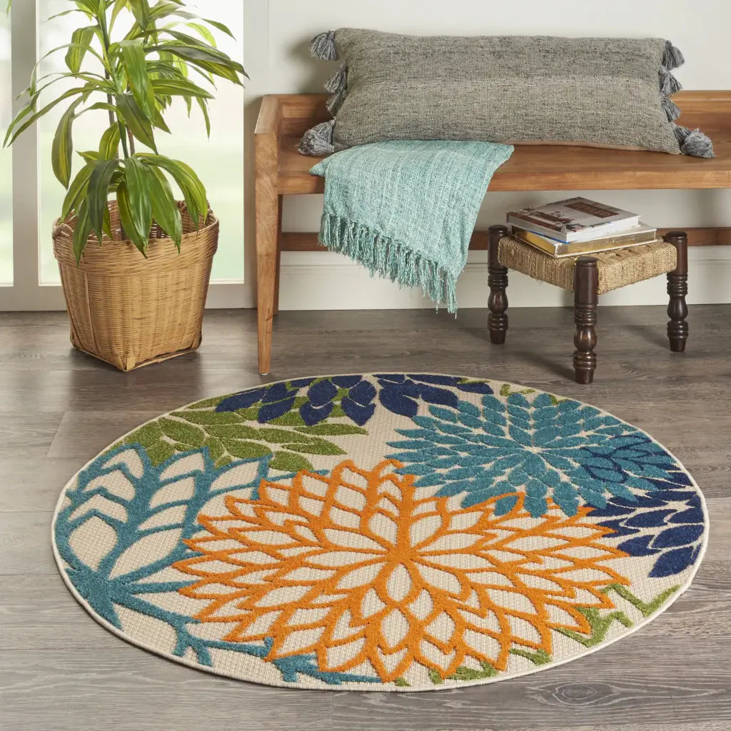 5' Round Ivory And Blue Round Floral Indoor Outdoor Area Rug - Homeroots - Flyclothing LLC