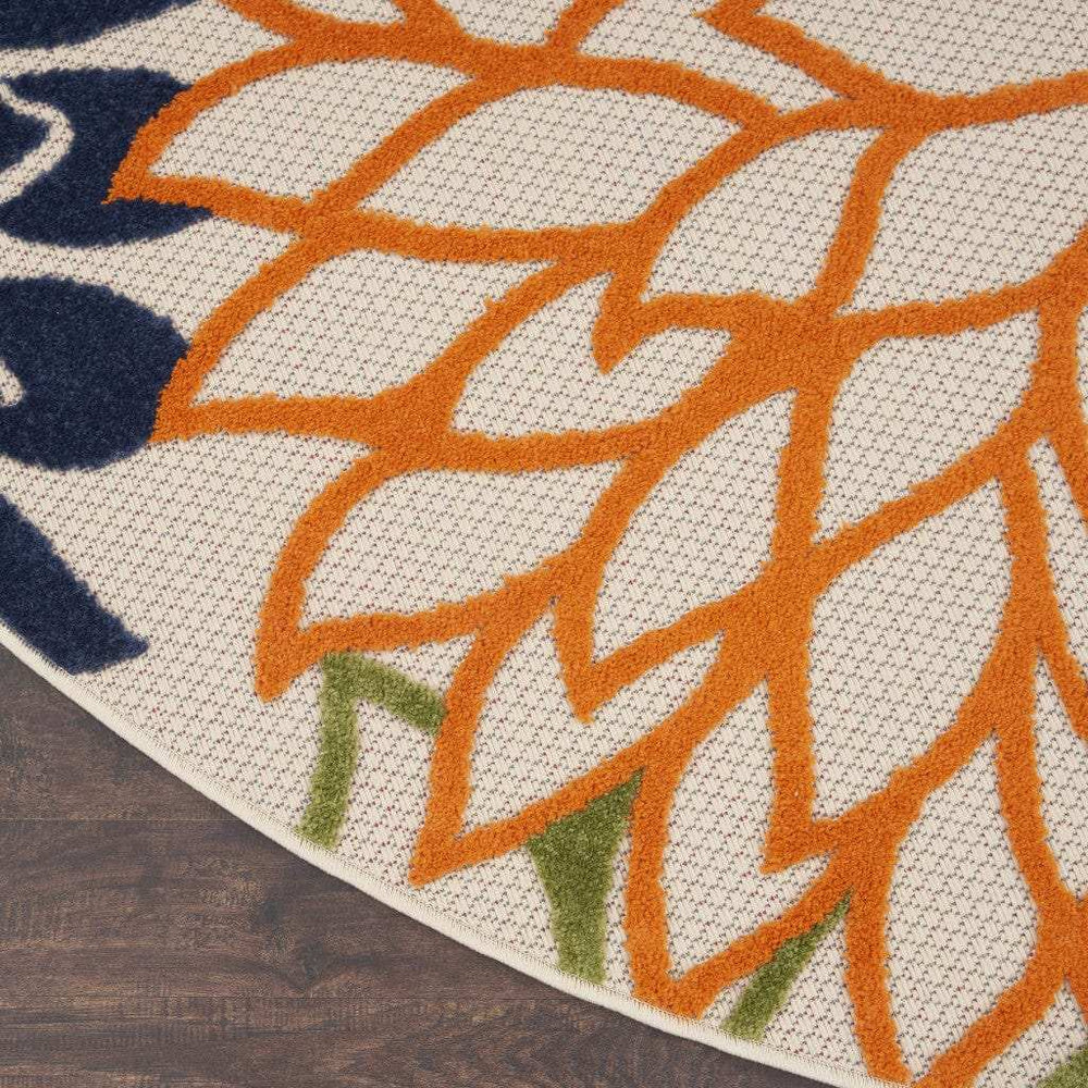 5' Round Ivory And Blue Round Floral Indoor Outdoor Area Rug - Homeroots - Flyclothing LLC