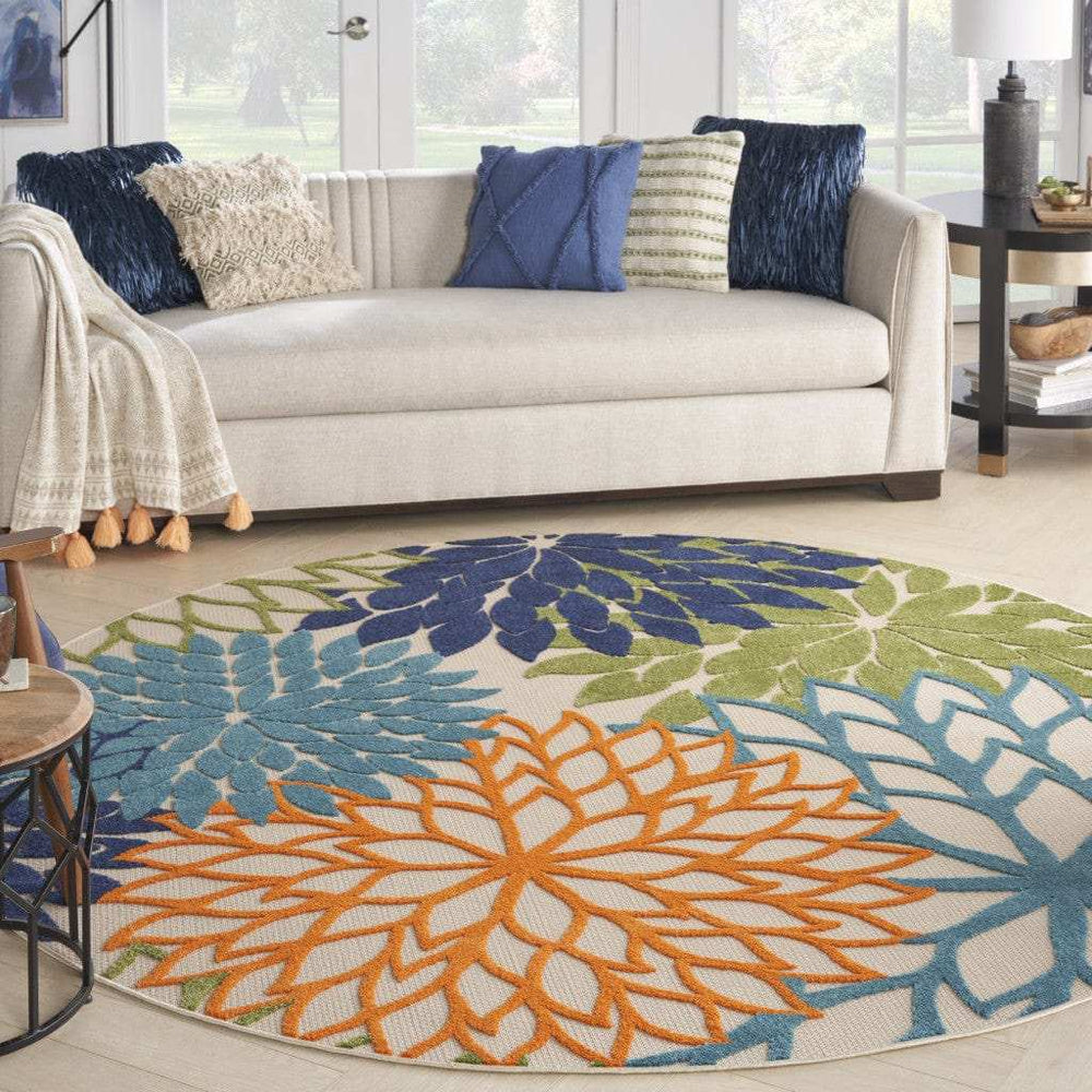 8' Round Ivory And Blue Round Floral Indoor Outdoor Area Rug - Homeroots - Flyclothing LLC