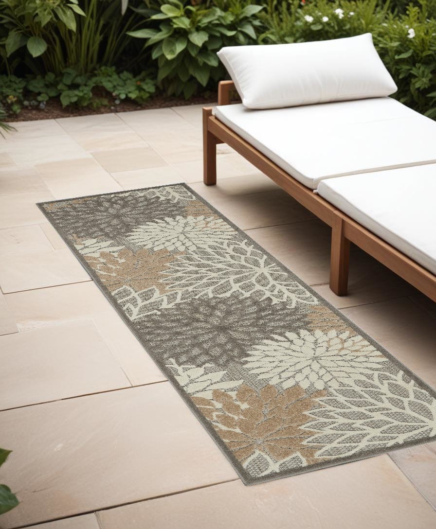6' Runner Gray and Ivory Floral Indoor Outdoor Area Rug - Homeroots