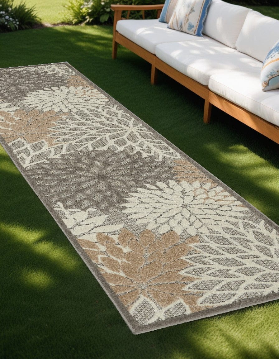 2' X 10' Gray And Ivory Floral Indoor Outdoor Area Rug - Homeroots