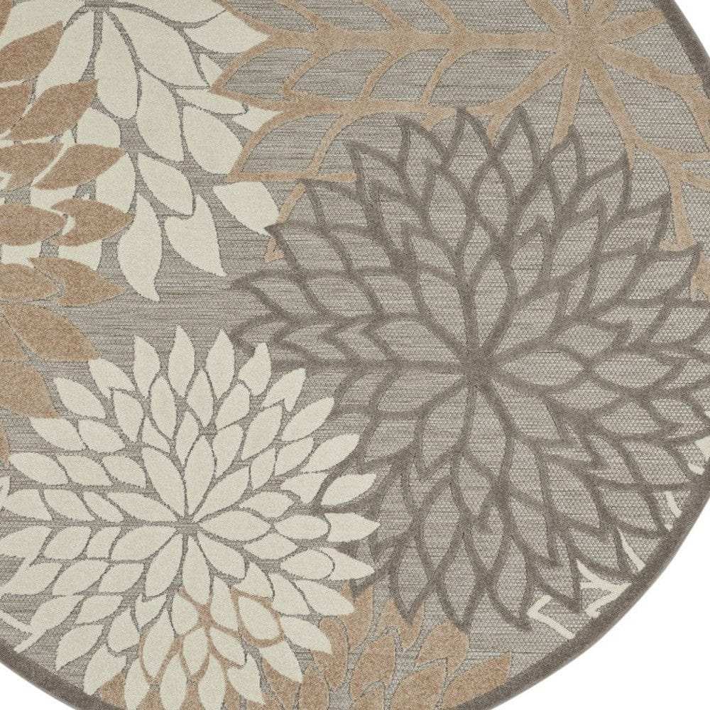 4' Round Gray And Ivory Round Floral Indoor Outdoor Area Rug - Homeroots
