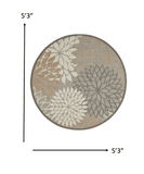 5' Round Gray And Ivory Round Floral Indoor Outdoor Area Rug - Homeroots