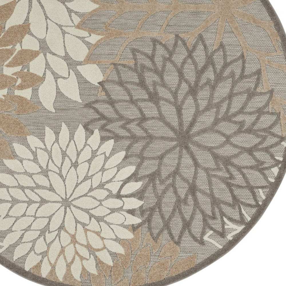 5' Round Gray And Ivory Round Floral Indoor Outdoor Area Rug - Homeroots