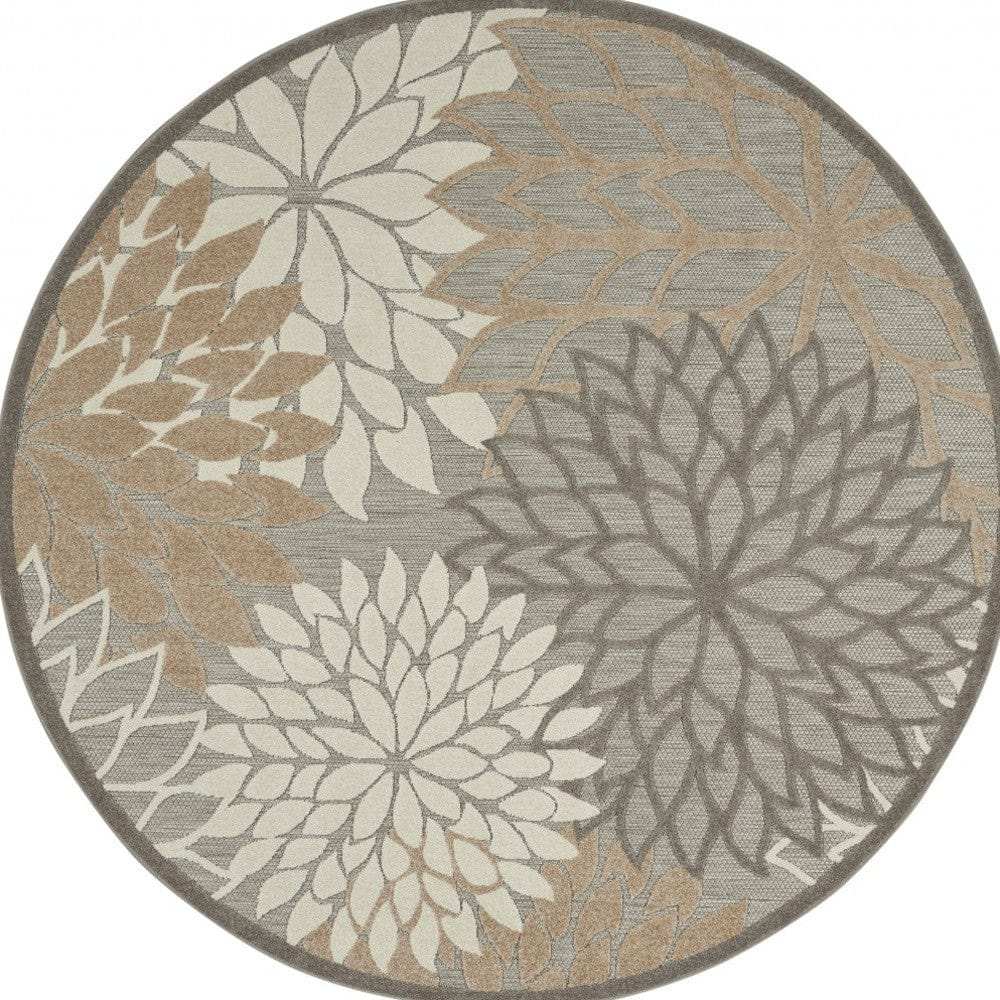 8' Round Gray And Ivory Round Floral Indoor Outdoor Area Rug - Homeroots
