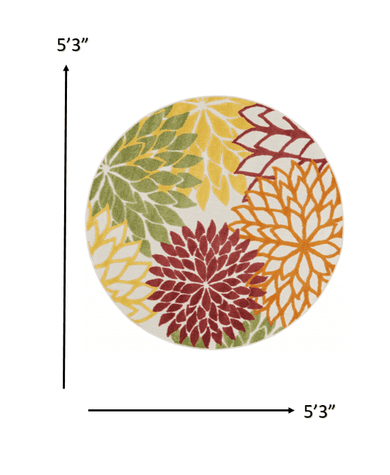 5' Round Green And Ivory Round Floral Indoor Outdoor Area Rug - Homeroots - Flyclothing LLC