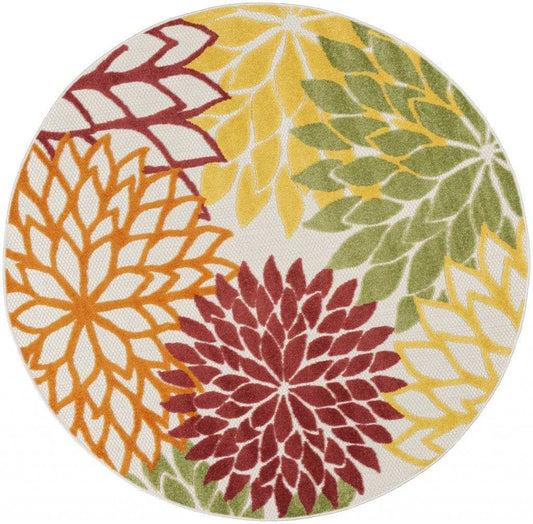 5' Round Green And Ivory Round Floral Indoor Outdoor Area Rug - Homeroots - Flyclothing LLC