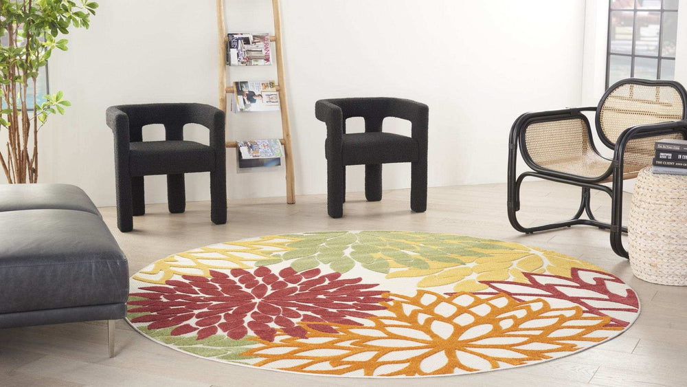 5' Round Green And Ivory Round Floral Indoor Outdoor Area Rug - Homeroots - Flyclothing LLC