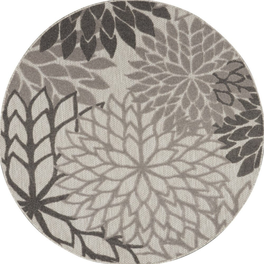 4' Round Gray Round Floral Indoor Outdoor Area Rug - Homeroots