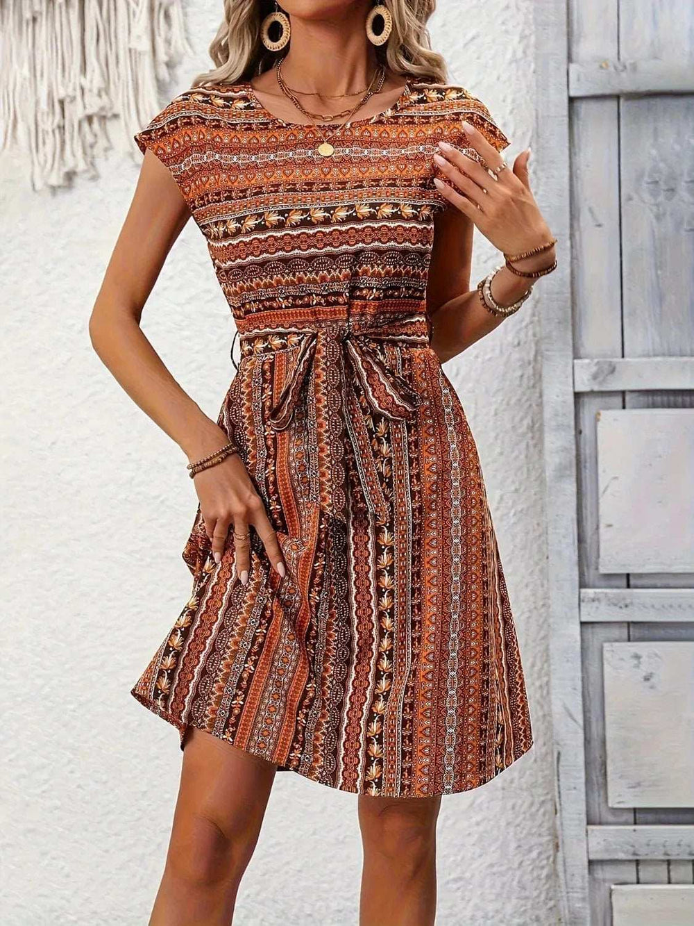 Printed Round Neck Cap Sleeve Dress - Trendsi - Flyclothing LLC