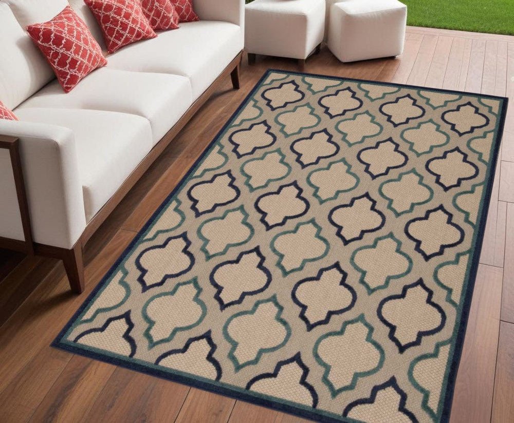 4' X 6' Blue And Ivory Geometric Indoor Outdoor Area Rug - Homeroots