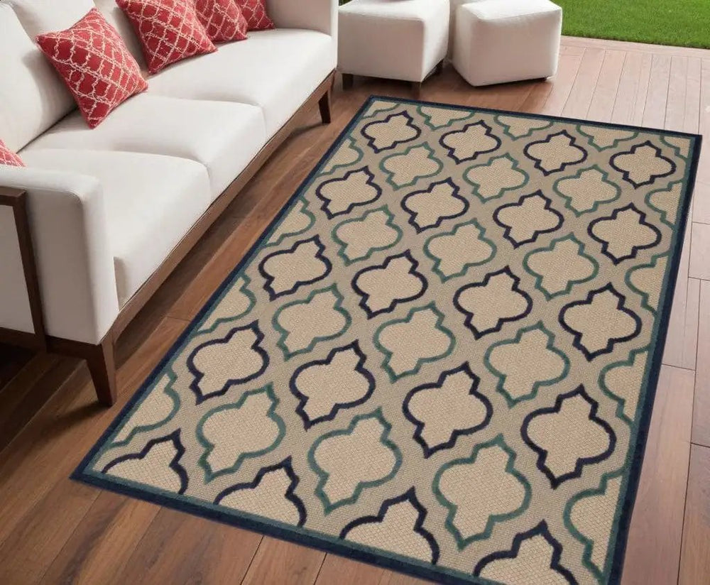 5' X 8' Blue And Ivory Indoor Outdoor Area Rug - Homeroots