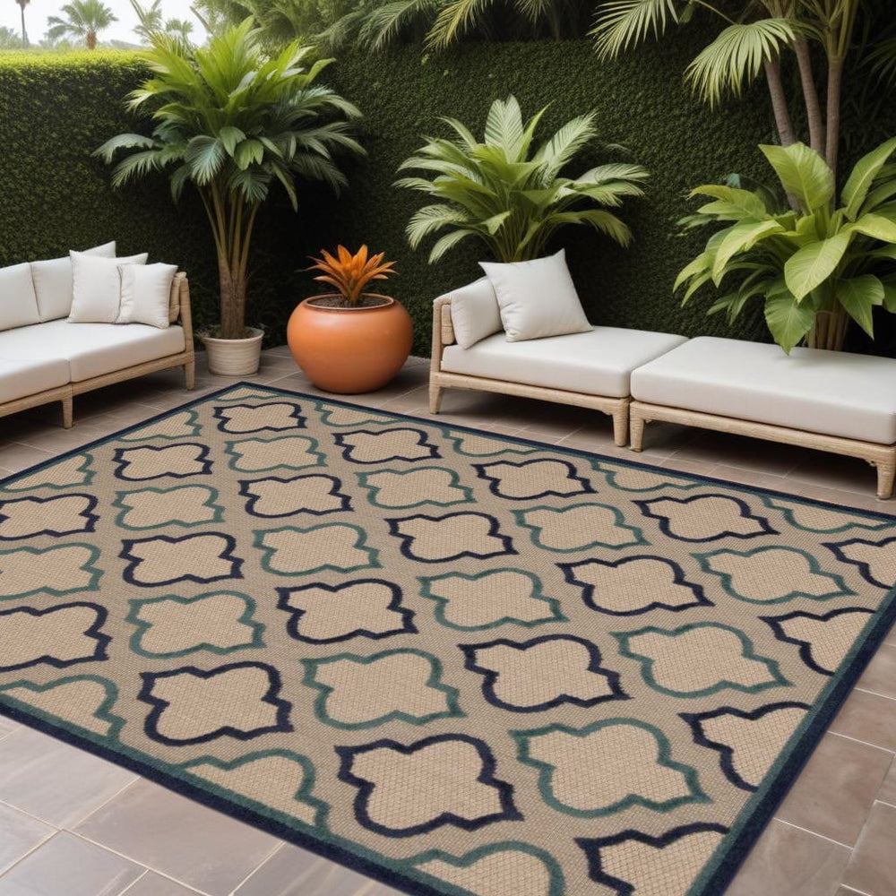 8' X 11' Blue And Ivory Geometric Indoor Outdoor Area Rug - Homeroots