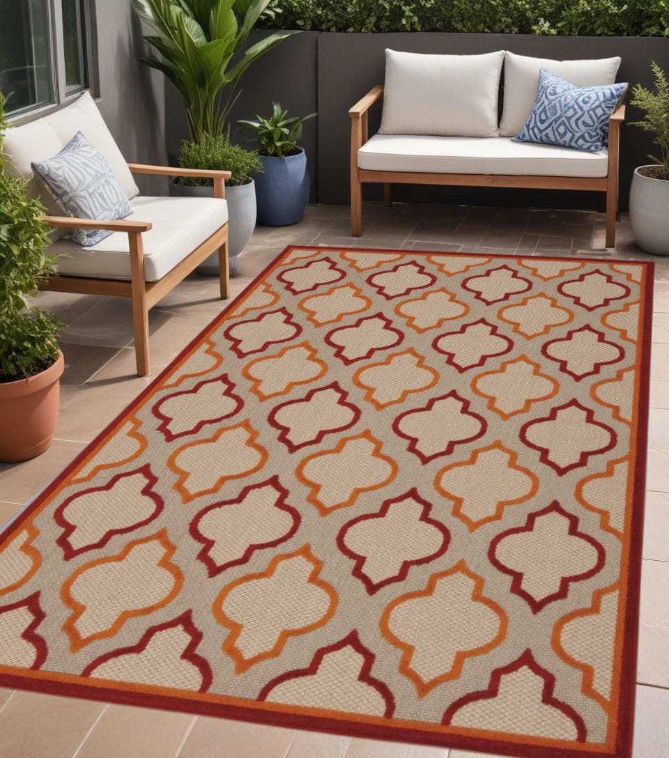 4' X 6' Red And Ivory Geometric Indoor Outdoor Area Rug - Homeroots