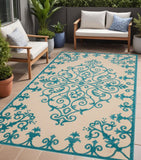 4' X 6' Aqua Damask Indoor Outdoor Area Rug - Homeroots
