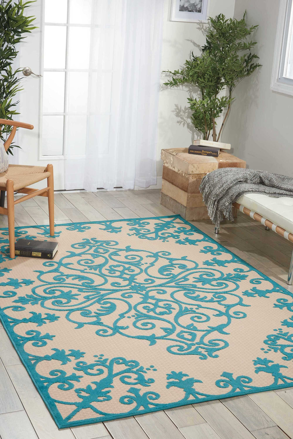 8' X 11' Aqua Damask Indoor Outdoor Area Rug - Homeroots - Flyclothing LLC