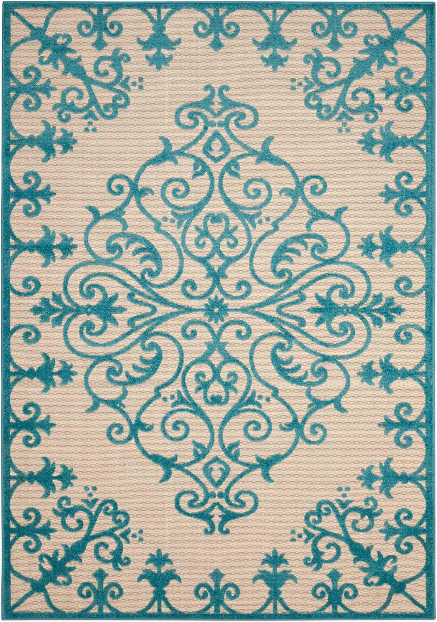 8' X 11' Aqua Damask Indoor Outdoor Area Rug - Homeroots - Flyclothing LLC