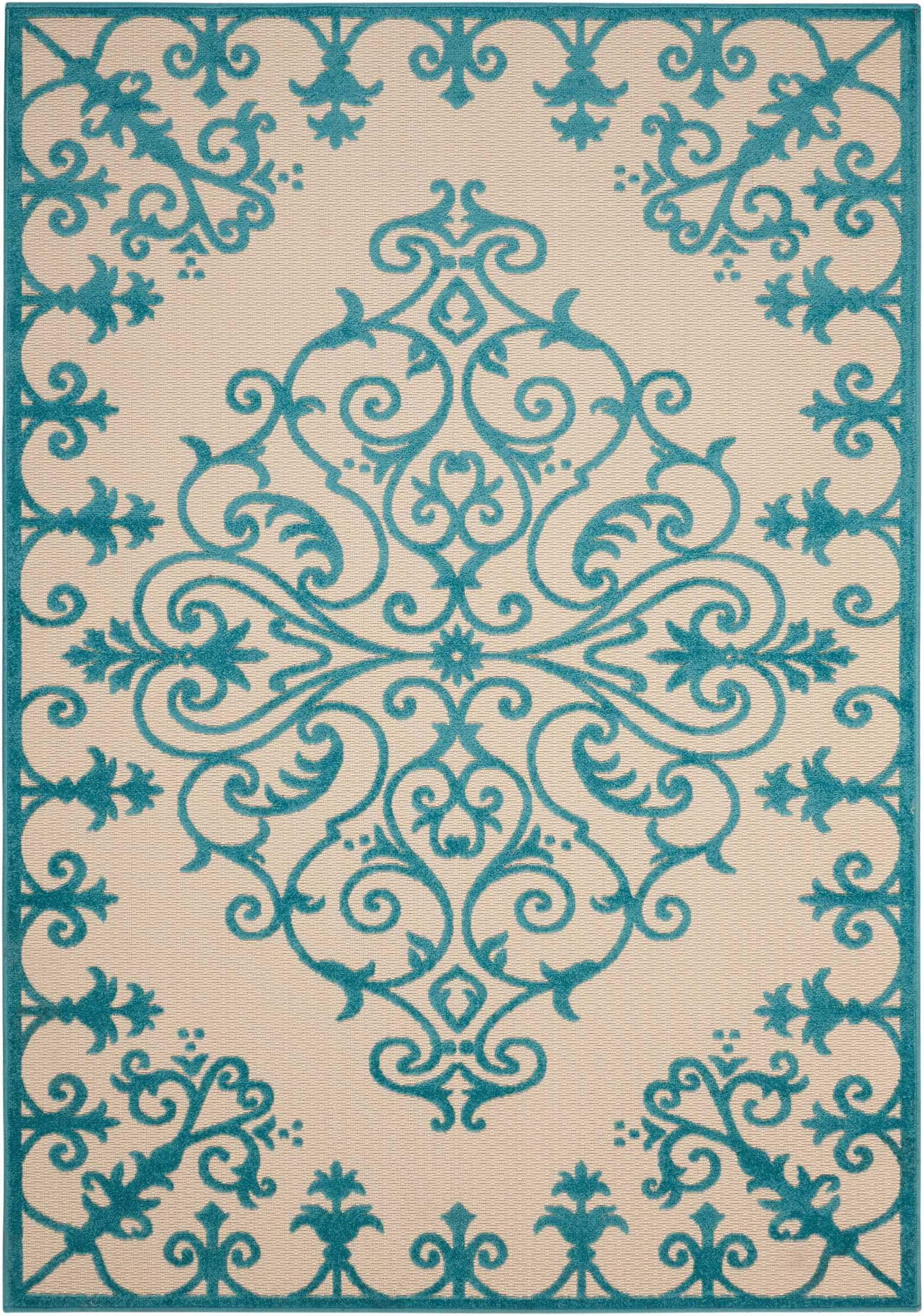 8' X 11' Aqua Damask Indoor Outdoor Area Rug - Homeroots - Flyclothing LLC