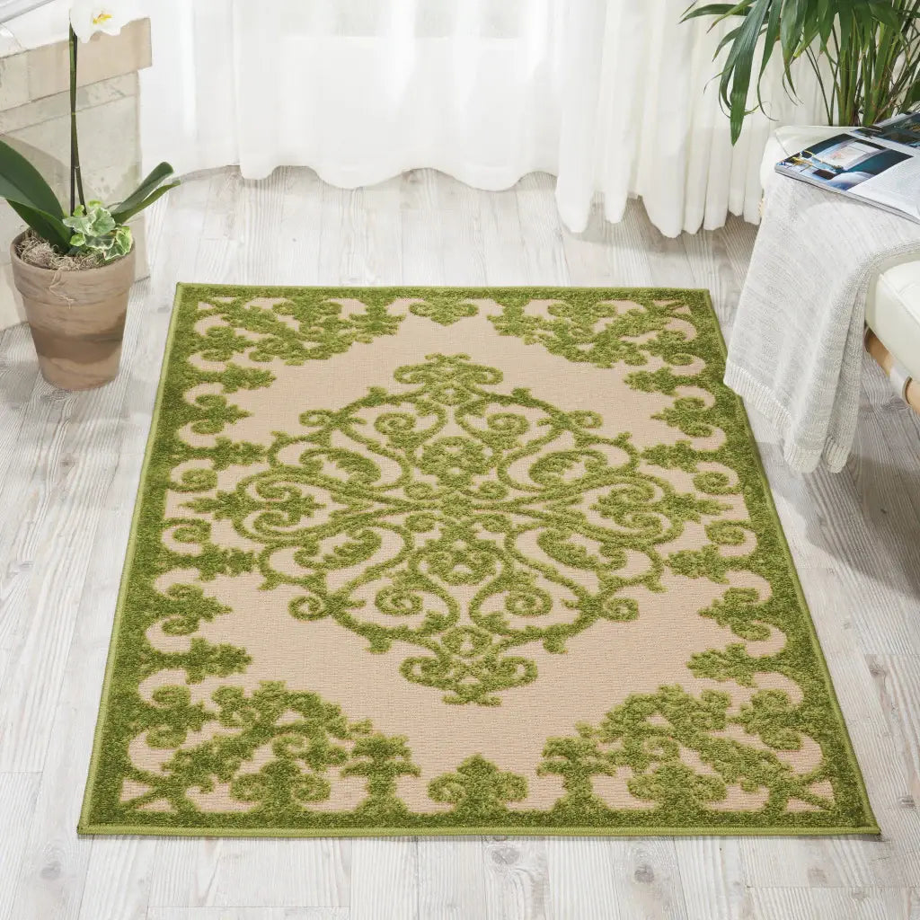 3' X 4' Green Damask Indoor Outdoor Area Rug - Homeroots - Flyclothing LLC