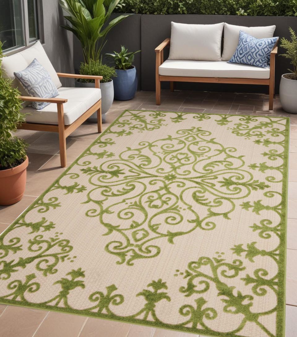 4' X 6' Green Damask Indoor Outdoor Area Rug - Homeroots