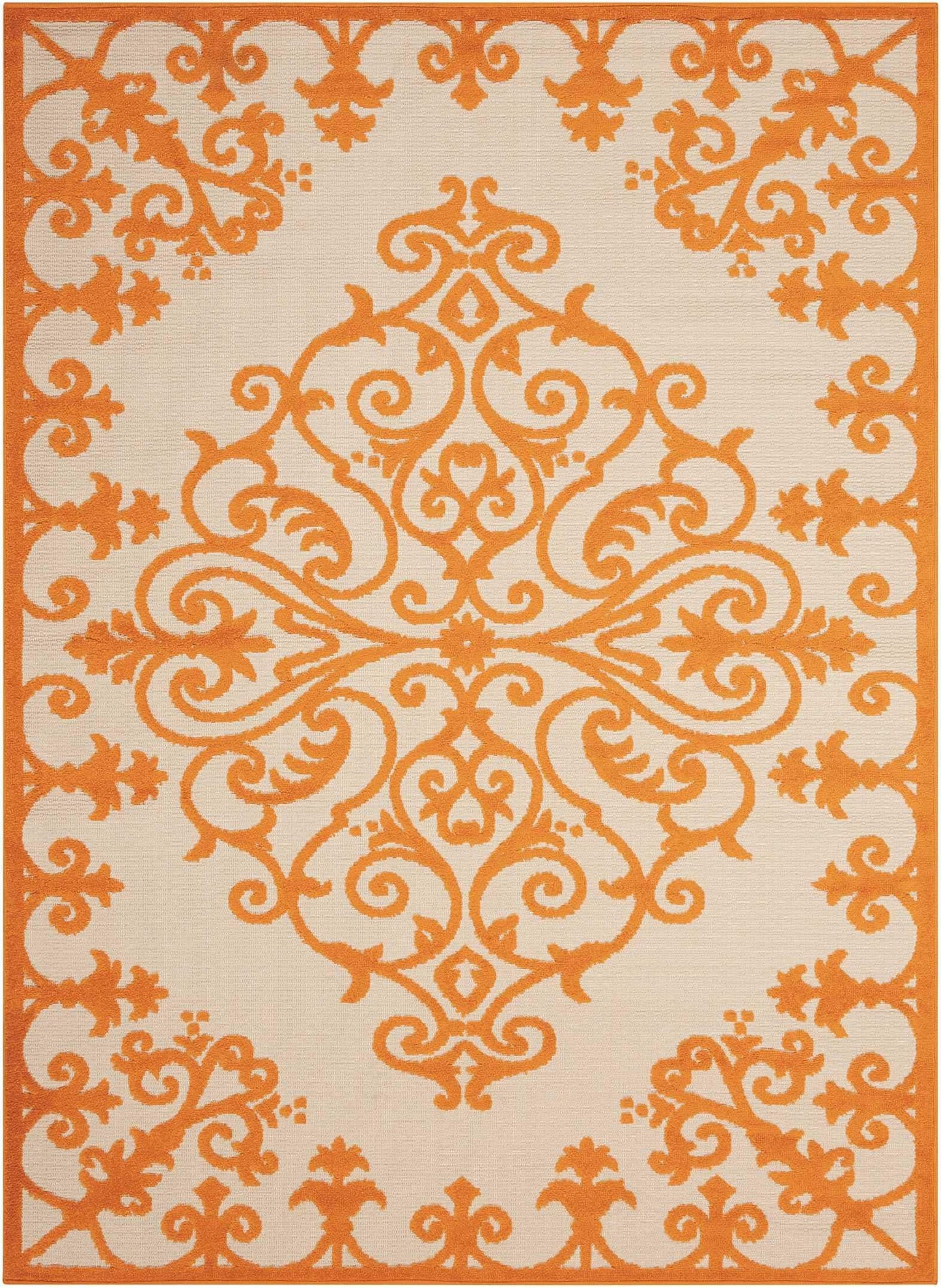 8' X 11' Orange And Ivory Damask Indoor Outdoor Area Rug - Homeroots - Flyclothing LLC