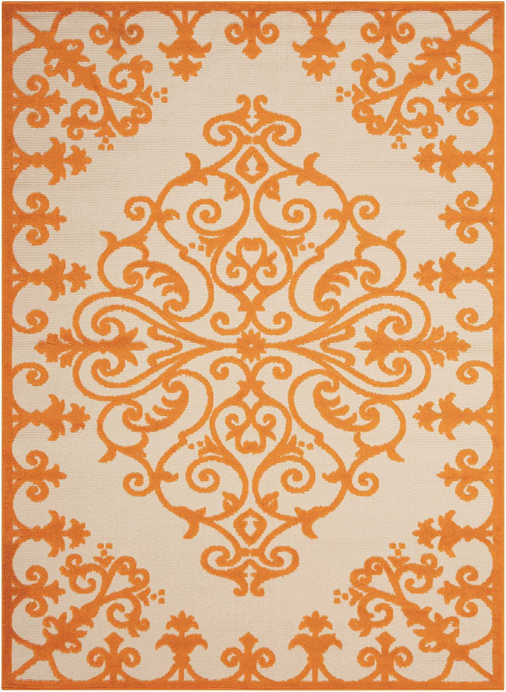8' X 11' Orange And Ivory Damask Indoor Outdoor Area Rug - Homeroots - Flyclothing LLC