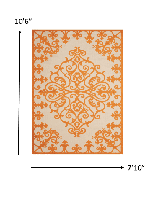 8' X 11' Orange And Ivory Damask Indoor Outdoor Area Rug - Homeroots - Flyclothing LLC