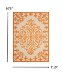 8' X 11' Orange And Ivory Damask Indoor Outdoor Area Rug - Homeroots