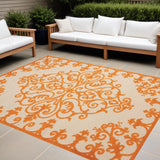 8' X 11' Orange And Ivory Damask Indoor Outdoor Area Rug - Homeroots