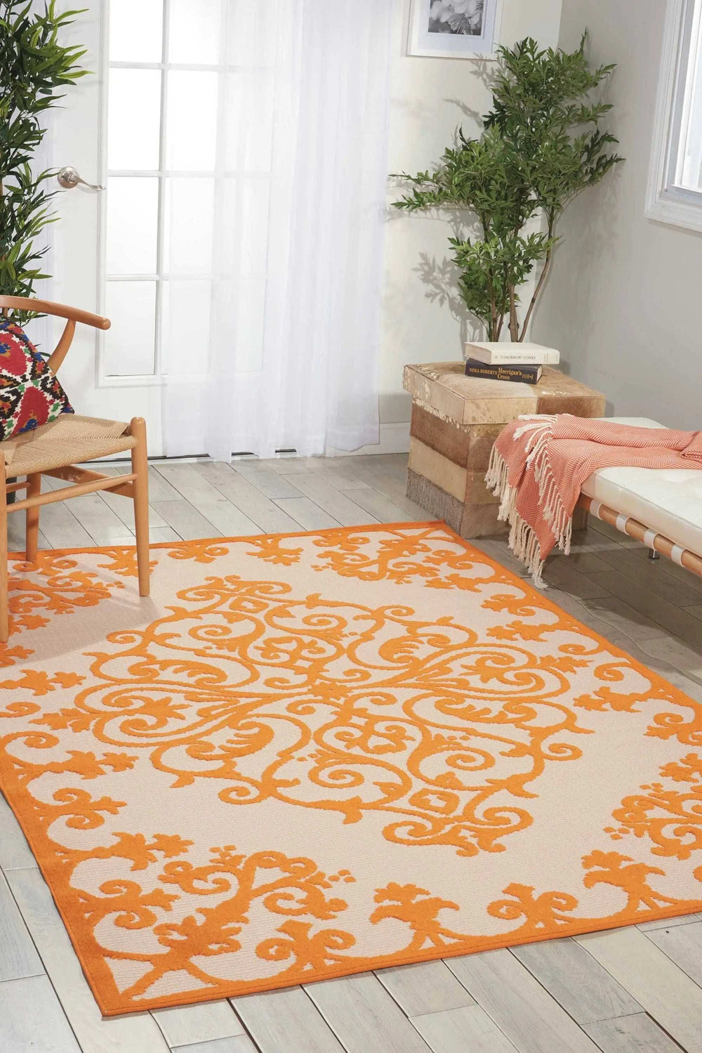 8' X 11' Orange And Ivory Damask Indoor Outdoor Area Rug - Homeroots - Flyclothing LLC