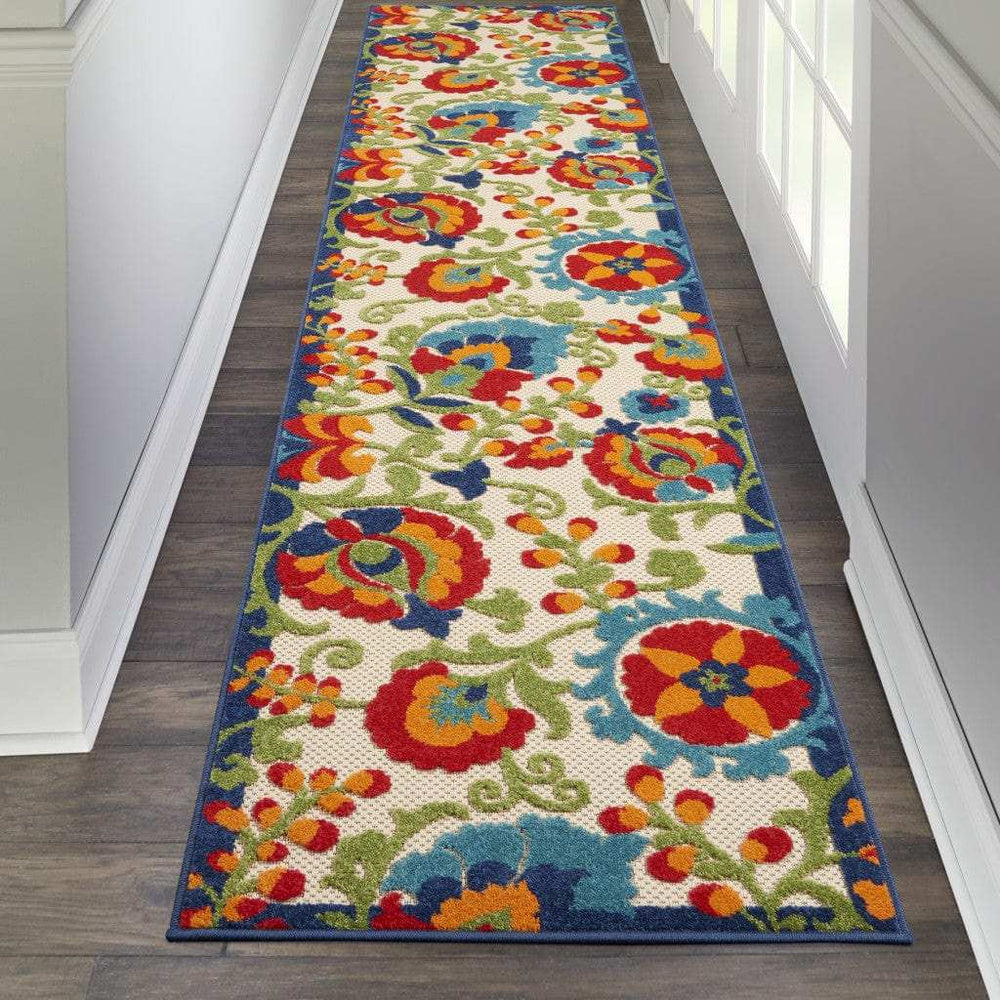 12' Runner Green And Ivory Floral Indoor Outdoor Runner Rug - Homeroots - Flyclothing LLC