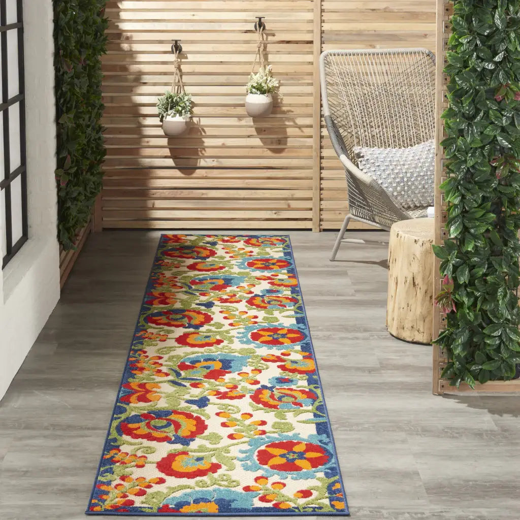 12' Runner Green And Ivory Floral Indoor Outdoor Runner Rug - Homeroots - Flyclothing LLC
