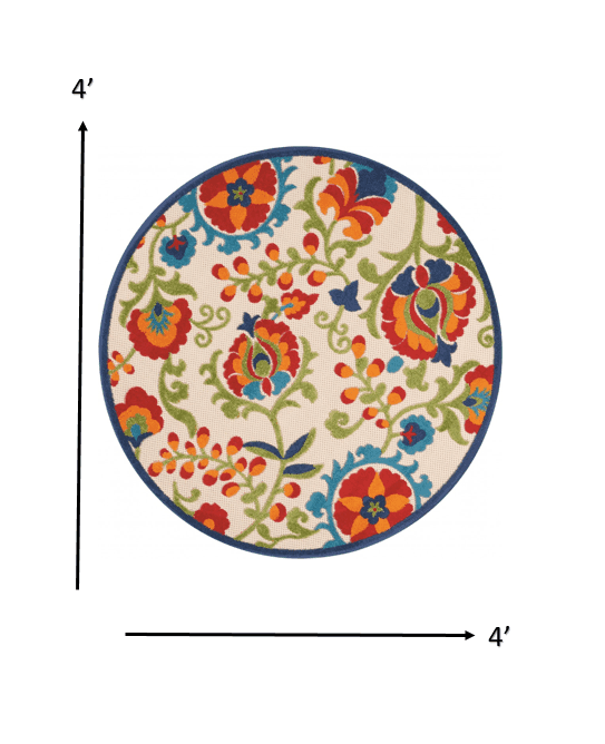 4' Round Green And Ivory Round Floral Indoor Outdoor Area Rug - Homeroots - Flyclothing LLC