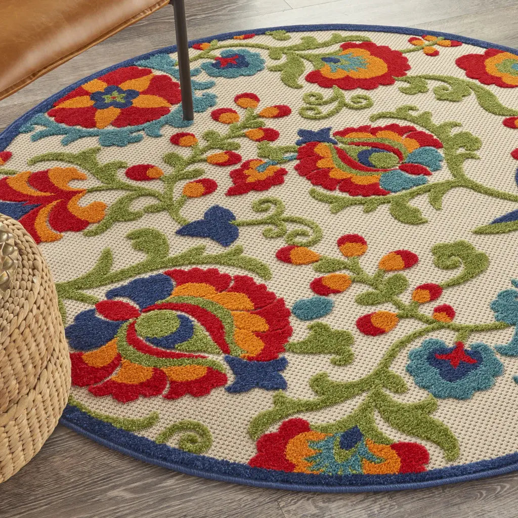 4' Round Green And Ivory Round Floral Indoor Outdoor Area Rug - Homeroots - Flyclothing LLC
