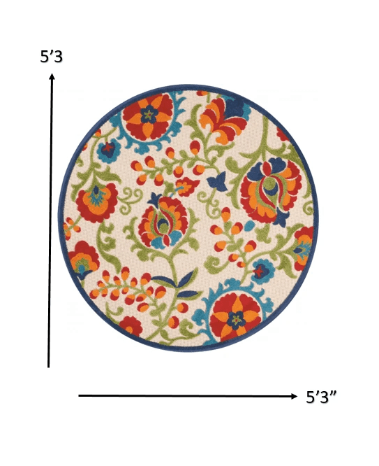 5' Round Green And Ivory Round Floral Indoor Outdoor Area Rug - Homeroots - Flyclothing LLC