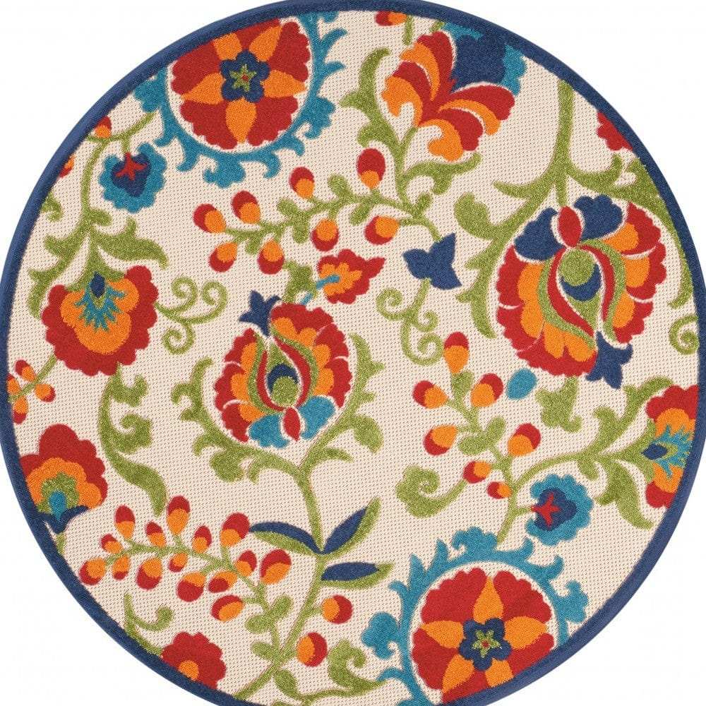 5' Round Green And Ivory Round Floral Indoor Outdoor Area Rug - Homeroots - Flyclothing LLC