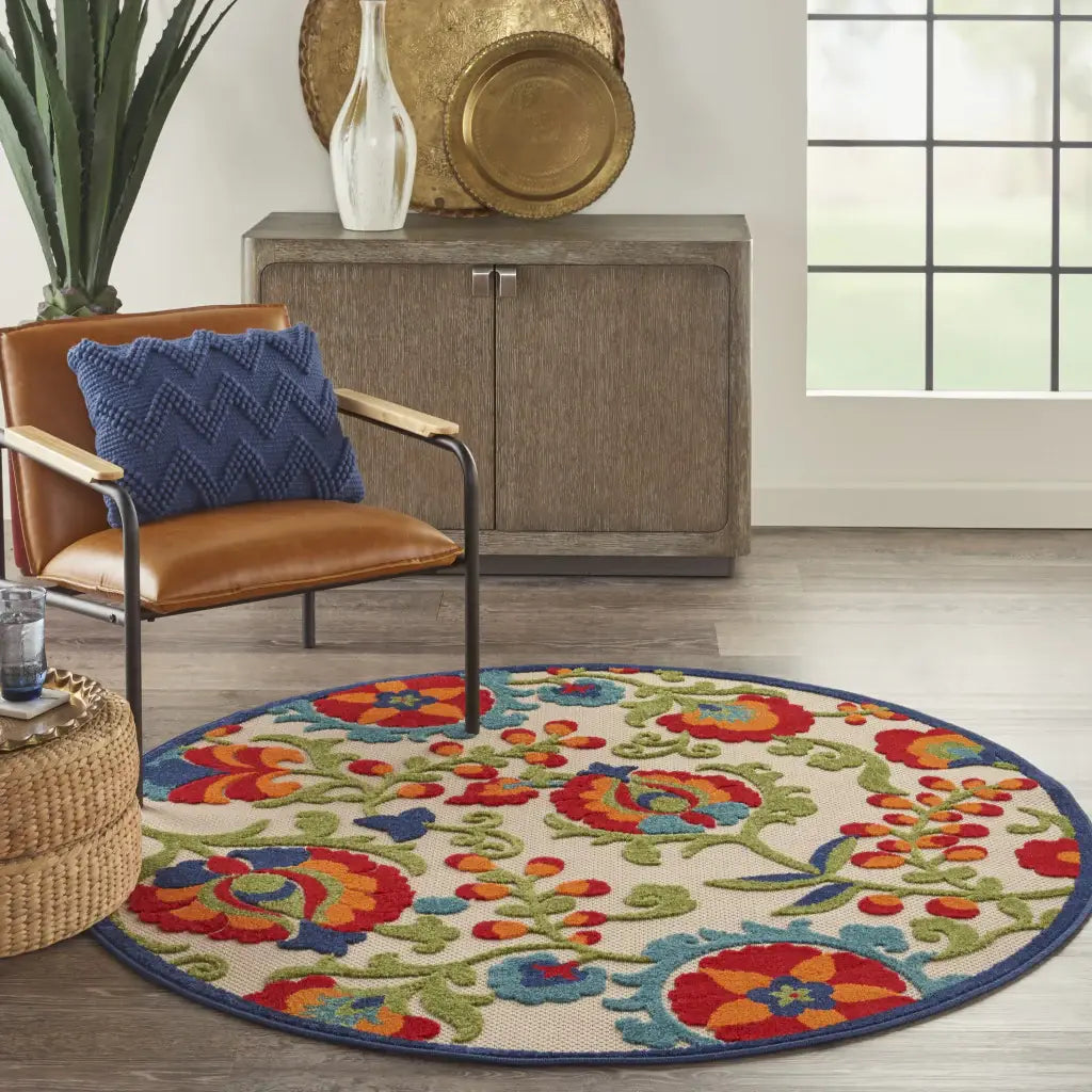 5' Round Green And Ivory Round Floral Indoor Outdoor Area Rug - Homeroots - Flyclothing LLC